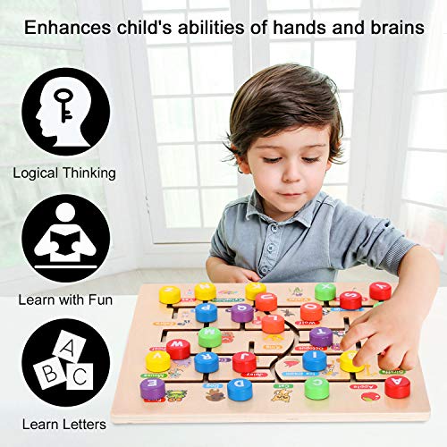 AiTuiTui Wooden Alphabet Maze Board, ABC 26 Letters Match Puzzle Learning Toys Early Educational Motor Skill Activity Matching Games with Cute Illustrations for Kids Toddlers Gifts