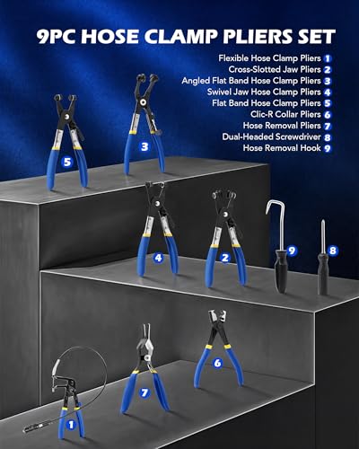 Orion Motor Tech Alicates de Abrazadera de Manguera de 9 Piezas para Mangueras de Aceite Combustible y Agua, Kit de Removedor de Abrazadera de Manguera de Largo Alcance Automotriz con Cable Flexible Clic R tipo Mordaza Giratoria Estuche de Alicates de Banda Plana, Azul