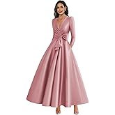Djqpi Satin Mother of The Bride Dresses for Wedding 3/4 Sleeve Tea Length Formal Gown with Pockets
