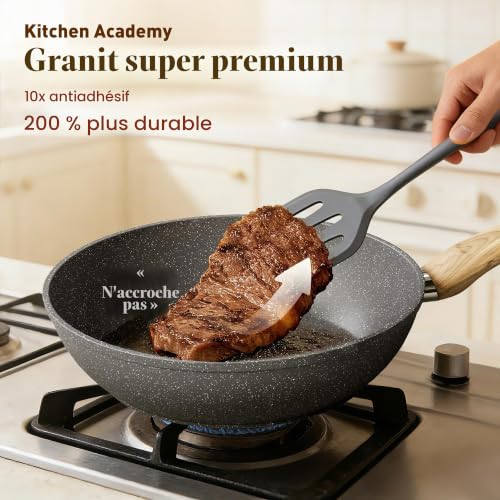 Kitchen Academy 12-Piece Set Frying Pan and Saucepan Induction Battery Grey | Non-Stick Granite Cookware for All Hobs, 100% Healthy and PFOA and PFOS-Free, Easy to Clean