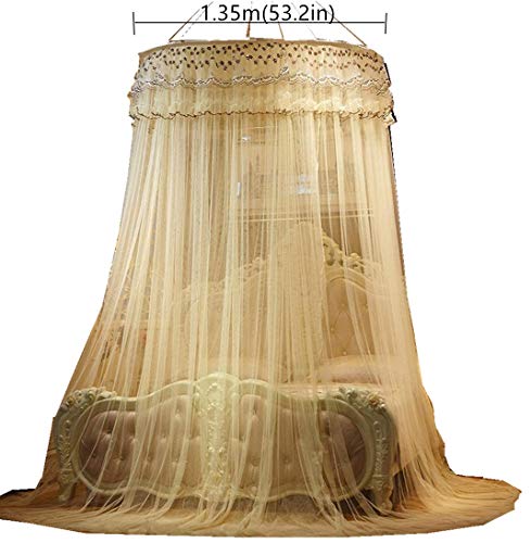 Mosquito net Luxury Princess Pastoral Lace Bed Canopy Net Crib, Round Hoop Princess Girl Pastoral Lace Bed Canopy Mosquito Net Fit Crib Twin Full Queen Extra large Bed 53in large diameter ,Beige - Thumbnail 5