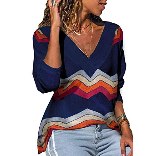 TWGONE V Neck T Shirts Women Long Sleeve Fashion Causal Colorful Stripes Print Top(Small,Navy)