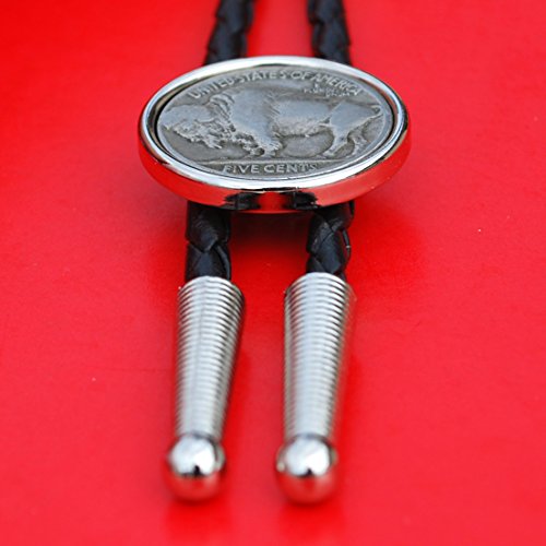 US 1913 ~ 1938 Indian Head Buffalo Nickel 5 Cent Coin Silver Plated Slide 36" Leatherette Cord Bolo Tie NEW - Thumbnail 3