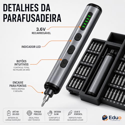 Mini Parafusadeira Elétrica Recarregável Genérico 3.6V - Kit 32 Bits + Bateria Lítio 1300mAh - Reversível Portátil LED - Ideal Móveis Montagem Uso Doméstico Profissional