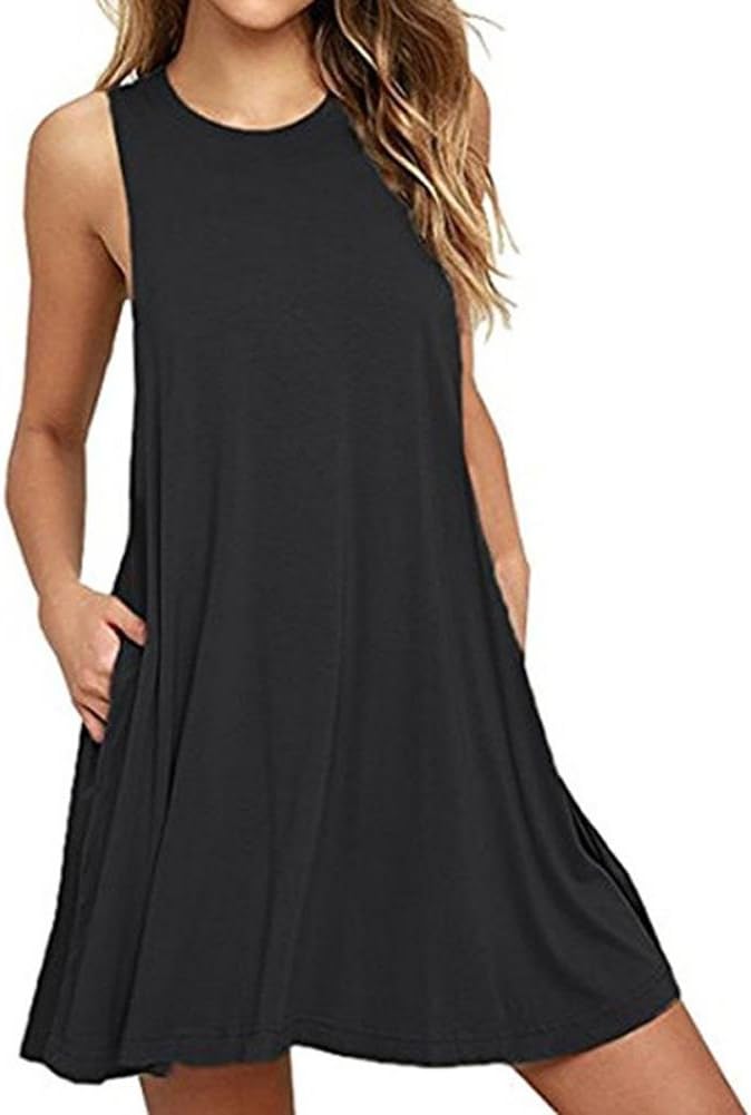 Women Sleeveless Summer Casual Dresses Beach Cover Up Plain Pleated Tank Dress Cotton