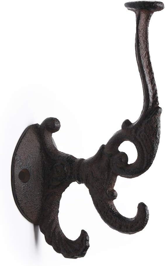 Cast Iron Wall Three Hooks/Hangers - Decorative Wall Mounted Coat Hook - Rustic Antique Replica Rust Color PTZY227