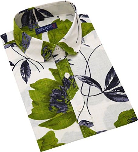 QIHUANG Bloomy Flowers Printed Women's Dress Pastoral Partysu Style Shirt Short Sleeve Button Down Collared Cotton Blouses (M, army green)