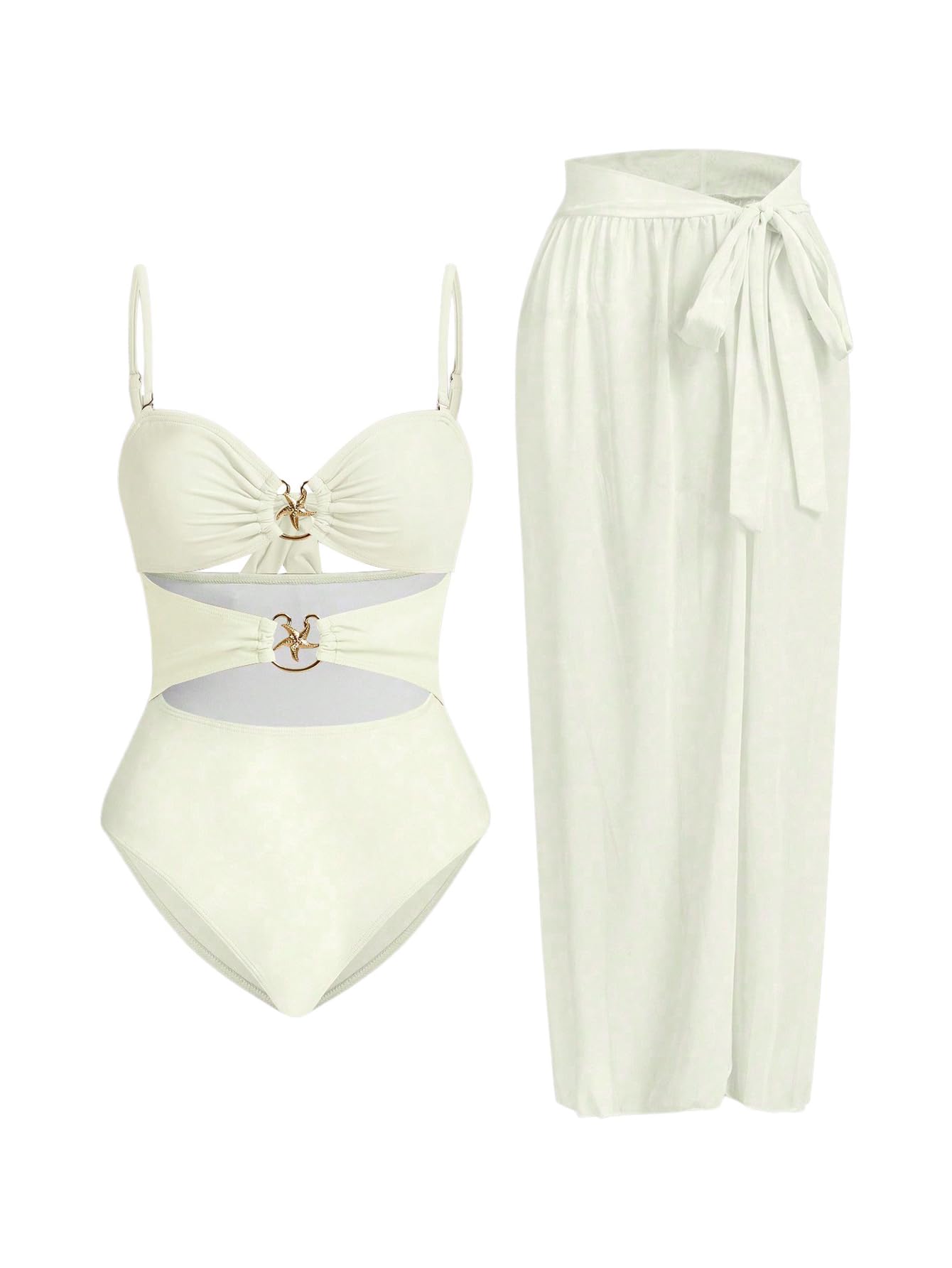 Photo 1 of Verdusa Women's Cut Out One Piece Backless Wireless Swimsuit with Cover Up Skirt Beige Large