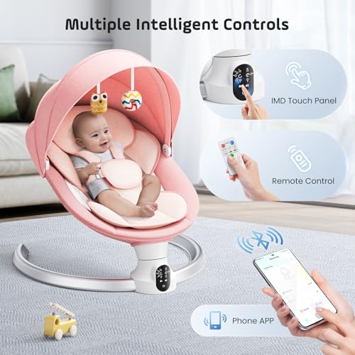 Helangel Baby Swing, Electric Rocker with App and Remote Control, Upgraded 5-Point Harness, 10 Bluetooth Songs and 5 Speed, Supports 20 lbs