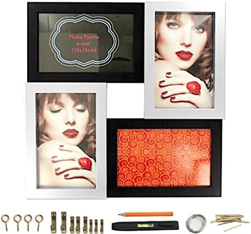 Modern Design Picture Frame Black &amp; Silver Collage Photo Frame 11" x 11". Accommodates [2x] 4” x 6" and [2x] 6" x 4" Photographs BUNDLE Picture Hanging Kit + Level