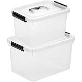 JUJIAJIA Clear Storage Latch Box/Bin, 2-Pack Plastic Organizing Container with Handle and Lids (7 QT/16QT)