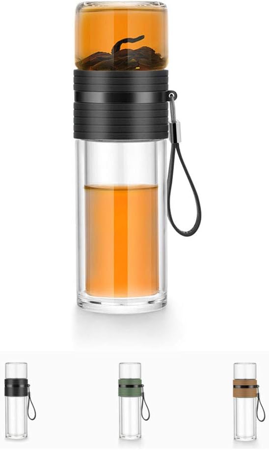 Double Wall Glass Tea Infuser Bottle Tumbler Travel Mug (Brown)