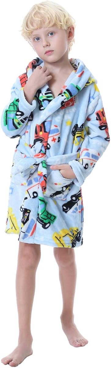 Betusline Boys Soft Fleece Hooded Bathrobe Robe, 12 Months - 12 Years: Clothing