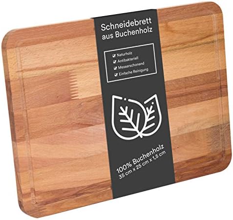 Kaliwaro Chopping Board Beech Natural Carving Board 35 x 25 cm Kitchen Board with Juice Groove, 32 x 25 cm