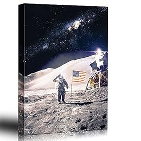 Astronaut in Outerspace Saluting and Adding The USA Flag on The Moon - Canvas Art Home Art - 12x18 inches