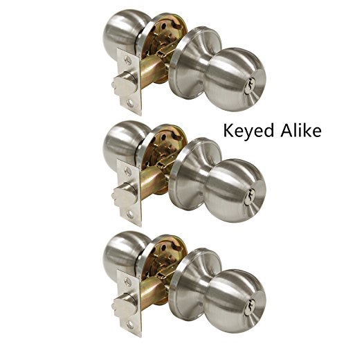 Gobrico 3Pack Keyed alike Round Knob Entry Door Knobs ball Handles Sets Locksets Stain Nickel