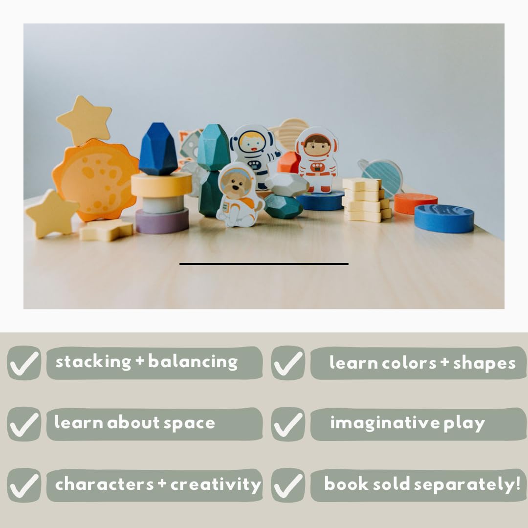 Toddler 30 Piece Stacking Wood Blocks Space Gift - Montessori 2 Year Old Fine Motor Skills Toy Learning Stacking Shape Sorter Sensory Preschool Busy Journey to the Moon (Block Set, Wood)