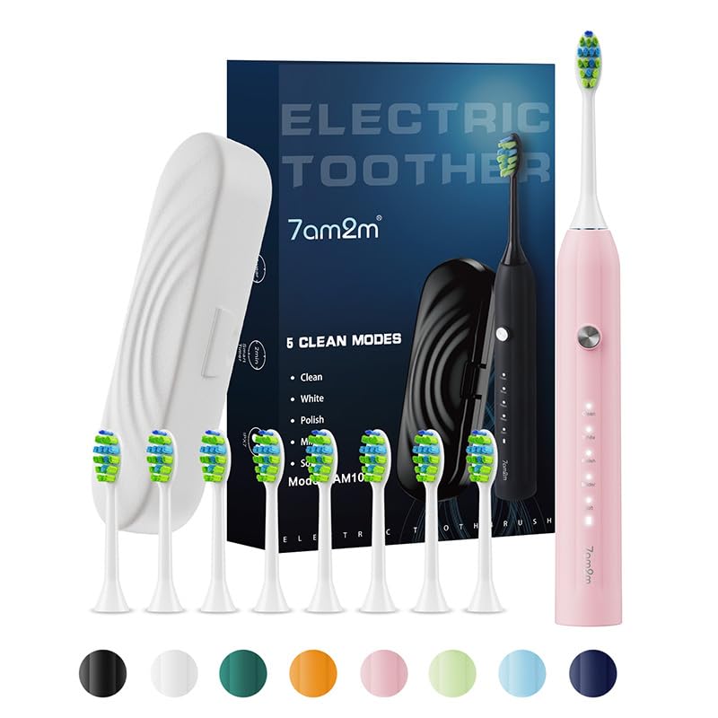 7AM2M Sonic Electric Toothbrush for Adults and Kids, with 8 Brush Heads and Travel Case,5 Modes with 2 Minutes Built in Smart Timer, One Charge Use for 90 Days, Rechargeable Toothbrushes (Pink)