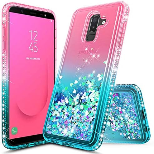 Galaxy J8 Case, NageBee Glitter Liquid Quicksand Waterfall Floating Flowing Sparkle Shiny Bling Diamond Girls Cute Case Designed for Samsung Galaxy J8 (2018) -Pink/Aqua