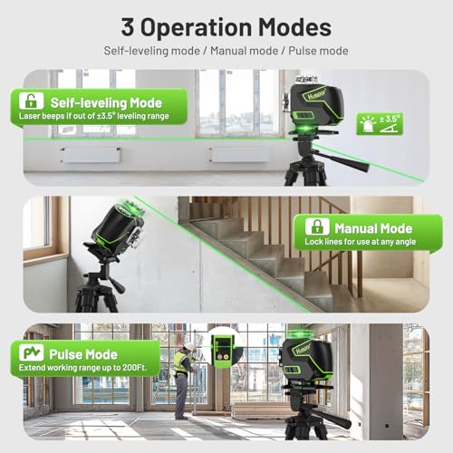 Huepar Professional Laser Level Self Leveling S04CG, ±1/9" Accuracy at 33 Ft, 4D Construction Lazer Leveler Tool with LCD Screen, Bluetooth Remote Control, 4x360° Green Cross Line, Outdoor Pulse Mode
