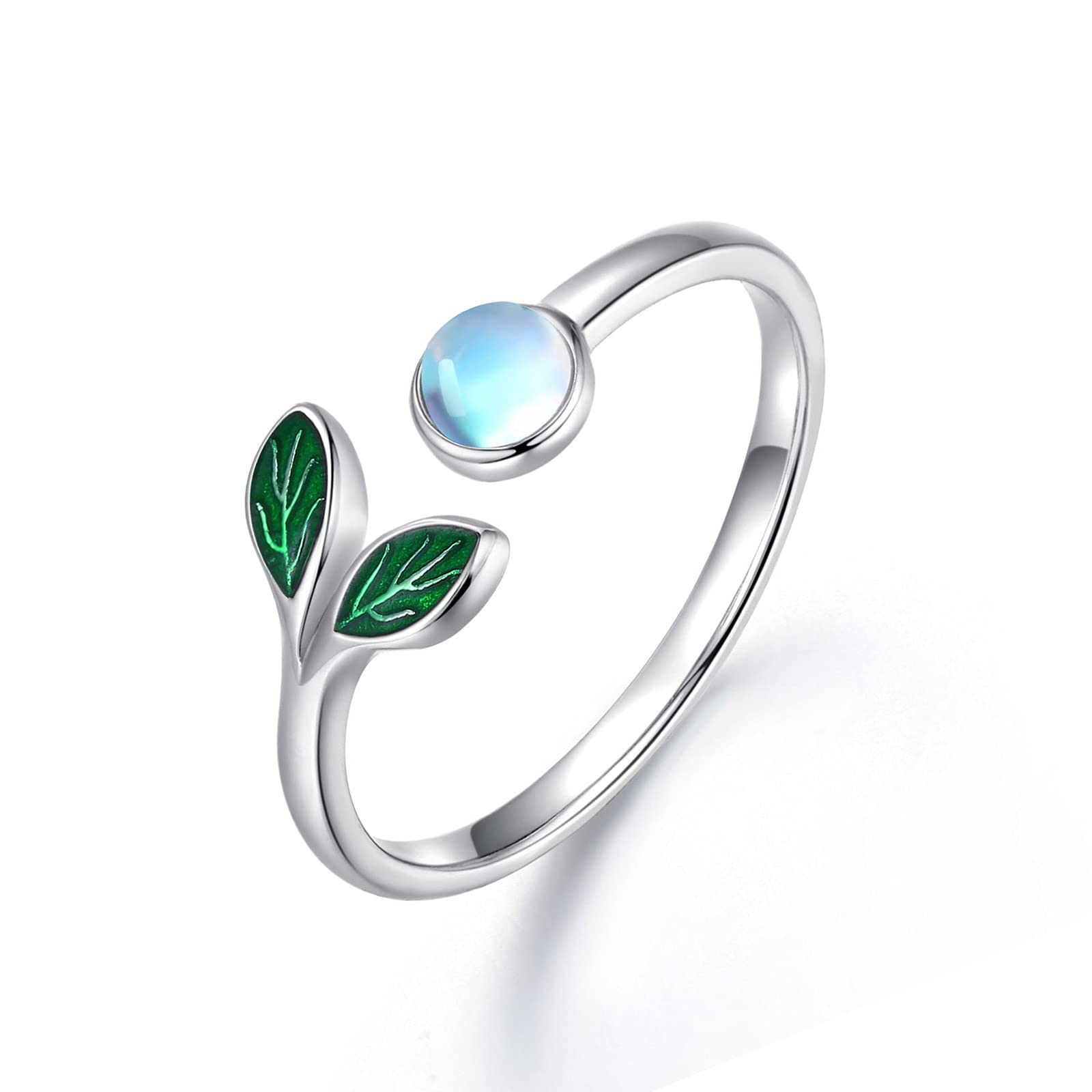 TRISHULA Moonstone Open Ring for Women 925 Sterling Silver Leaves Adjustable Ring Jewellery Gifts for Birthday Anniversary Size 9