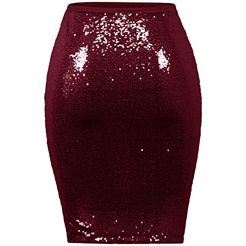 VICCKI Women Fashion Solid Slim High Waist Push up Hip Pencil Zipper Sequin Skirt Wine