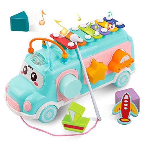 DeeXop Baby Toys 12-18 Months+ Activity Cube Toy Bus include Xilofono, Shape Sorter, Pull Along Toys per 1 anno, Toddler giocattoli educativi per lo sviluppo musicale e forma