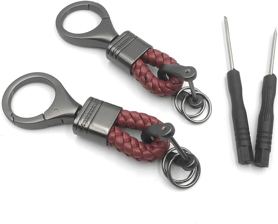 BuxiuGK 2 Piece Braided PU Leather Keychain Strap Keyring with Zinc Alloy for Car Office Home Keys,Red2, 9 cm