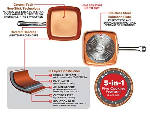 Copper Chef 9.5 Inch Square Frying Pan With Lid -Skillet with Ceramic Non Stick Coating. Perfect CookwareForSaute And Grill (Certified Refurbished)