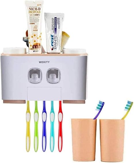 Amazon 歯磨き粉な自動 Veeki 歯ブラシスタンド 壁掛け 自動歯磨き粉ディスペンサー 歯ブラシホルダー吸盤 無印 歯ブラシ置き 粘着式 バスルーム 子供 電動歯ブラシ 化粧品 浴室 洗面台収納 ４カップ ピンク 歯ブラシスタンド ホーム キッチン オンライン通販