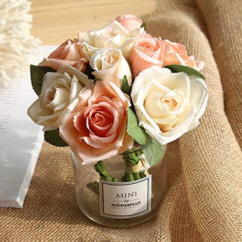 CQURE Artificial Flowers, Fake Flowers Silk Plastic Artificial Roses 9 Heads Bridal Wedding Bouquet for Home Garden Party Wedding Decoration (Coral)