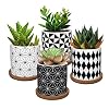 Lewondr 4PCS Pot de Fleur, 2.8 pouce Mini Céramique Succulent Pots Horticoles Jardinière avec Plateau en Bambou pour Petites Plantes Fleurs Cactus Maison Décorations Décor – Géométrie 01, Noir & Blanc
