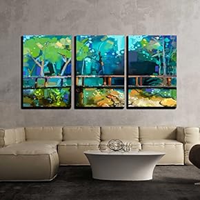 3 Piece Canvas Wall Art - Hand Painted Colorful Summer Nature Forest with Yellow and Green- Blue Color - Modern Home Art Stretched and Framed Ready to Hang - 16"x24"x3 Panels