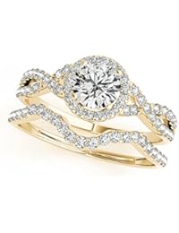 1/2 Carat Halo Diamond Engagement Bridal Ring Set 14K Solid Yellow Gold (I-J/I2-I3)