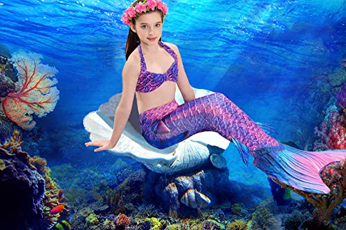 3 PCS Girls Mermaid Tail Swimsuit for Swimming Bikini Princess Can Add Monofin (A-Noble Purple, 10-12/ (Tag 150) / Ht:55-60in)