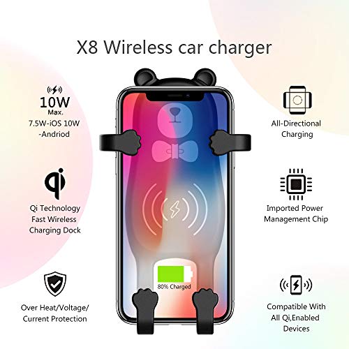 JDgoods Creative Bear Wireless Qi Fast Charge Car Mount Holder Compatible with iPhone Xs Max/XS/XR/X/8/8 Plus, Samsung Galaxy S10/S10+/S10E/Note 9/S9/S9+/Note 8/S8/S7, AirPods and More (Black)