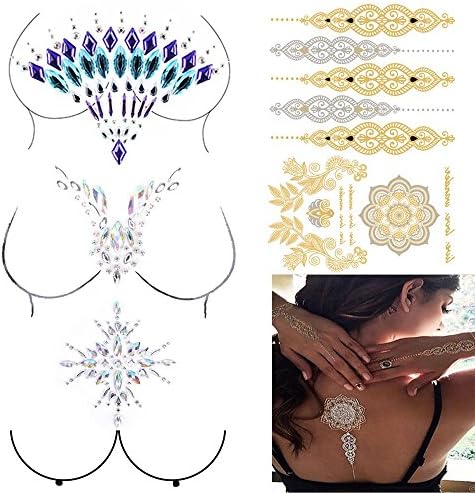 AiQueen 4 Sheets Rhinestone Body Jewelry Sticker Breast Jewels Tattoo Crystal Nipple Sticker Gem Stones Necklace Bracelet Temporary Tattoo Stickers