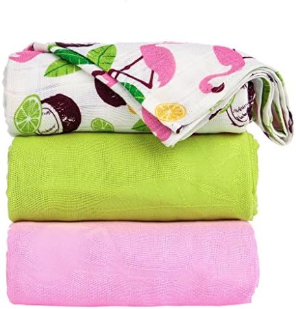 Tula Baby Blanket Set, 3 Pack of 47x47 Inches, 100% Viscose from Bamboo Boy Swaddle Blankets – Coco Flamingo (Flamingos &amp; Tropical Scene, Lime Green, Light Pink)