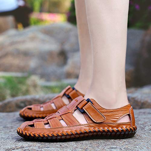 Yomiafy Men's Closed Toe Sandals Outdoor Leather Fisherman Shoes Casual Beach Sandals(Brown,US:11)