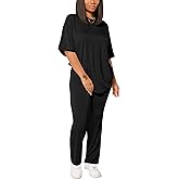 HBQ Womens Two Piece Outfits Short Sleeve Off Shoulder Tops and Flare Pants Casual Lounge Sets Tracksuit-Black-XL