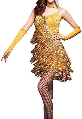 Liuxiaomiao Dance dress women Women Fringe Tassels Ballroom Samba Tango Latin Dance Dress Competition Costumes Themed Party Swing Dress (Color : Gold, Size : XL)