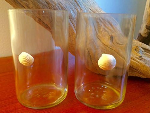 Sea Shell Cocktail Glasses Set of Two Upcycled Bottles Turned Coastal Glassware with Clam Shell and Cockle Shell Charms 4 Inches Tall