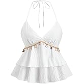 Verdusa Women's Boho Chic Shell Tassel Tie Backless Halter Top Textured Ruffle Layered Babydoll Tops