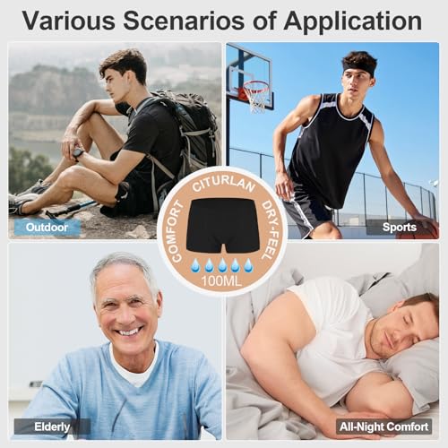 CITURLAN Calzones para Incontinencia para Hombre - Hasta 100ml de Absorción | A prueba de fugas y Neutraliza Olores | Calzones-bóxer Reutilizables y Lavables para Control de la Vejiga | Talla Alta para Uso Nocturno y Activo [Paquete de 3] (Negro, Talla L)