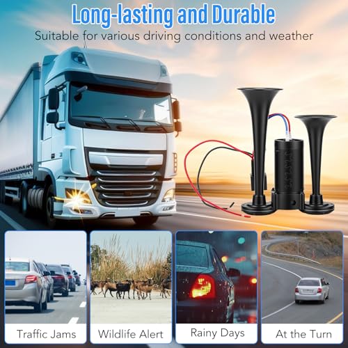 HISUEKIG 12V Car Horn, 600Db Double Trumpet Truck, Super Loud Electric Air Horn with Compressor, Rich Bass and Sharp Sounds, Easy Installation, for Car Truck Boat Motorcycle