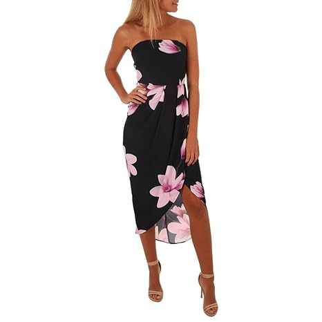 Longra Sommerkleider Damen Blumen Maxikleider Schöne Bandeaukleider Off-Shoulder-Kleider mit Rüschen Wickelkleid Frauen Elega