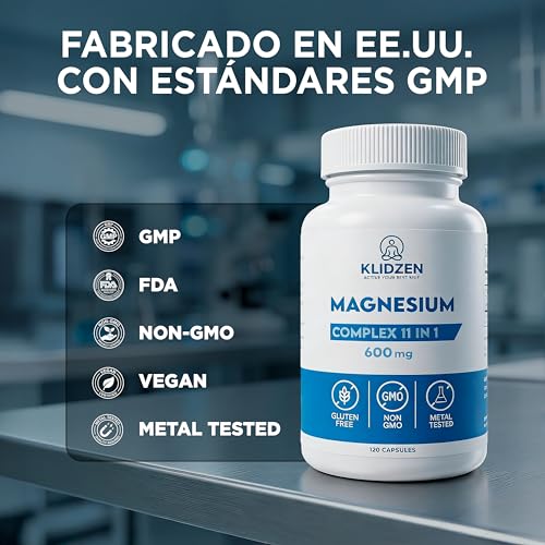 KLIDZEN Magnesio Complex 11 en 1 | 600 mg | Glicinato, L-Teanina 200 mg, GABA, 6 Tipos de Magnesio para Dormir, Estrés y Relajación | 120 Cápsulas