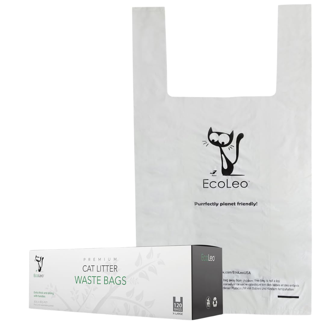 EcoLeo Cat Litter Waste Bags - X-Large, Certified Compostable, Biodegradable, Thick, Leak Proof, Pet/Dog Poop Bags with Easy-Tie Handles, 26.7 x 47cm