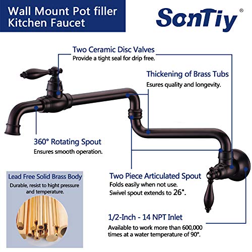 SonTiy Pot Filler Faucet Wall Mount Kitchen Faucet, Folding Double Joints Venetian Bronze Pot Fillers, Coffee Antique Brass Farmhouse Wall Sink Faucet Kit 26"