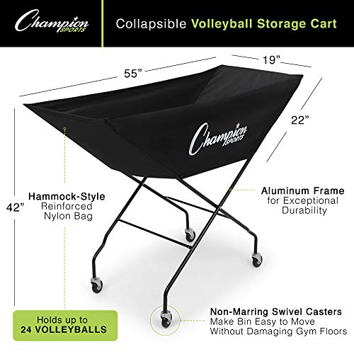Champion Sports Volleyball Cart with Wheels, Holds up to 24 Balls Collapsible, Portable Ball